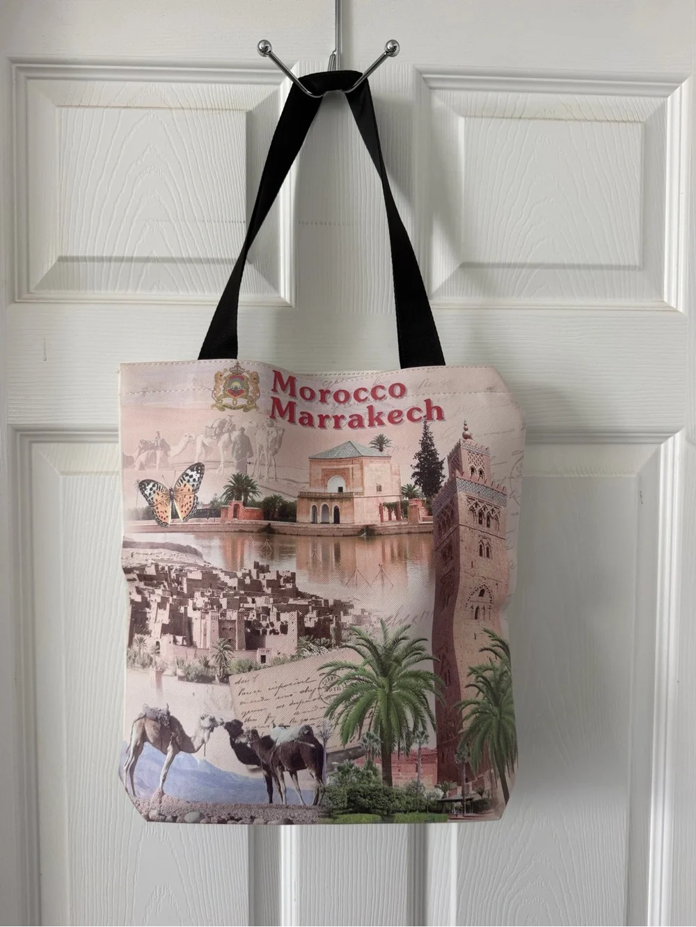 Morocco Marrakech Printed Canvas Tote Bag - Beige & Brown